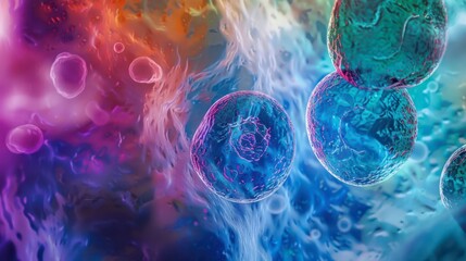 Vibrant Blue Cells Floating in a Multicolored Swirl