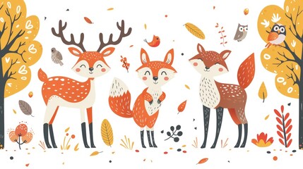 Whimsical Woodland Creatures Doodle Art &acirc;&euro;&ldquo; Cute Deer, Fox, and Owl in Vibrant Colors and Simple Lines, Hand-Drawn Charm, Generative Ai