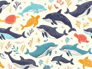 Whimsical Ocean Animals Doodle - Delightful Hand-Drawn Creatures of the Sea for Kids' Artwork and Designs, Generative Ai
