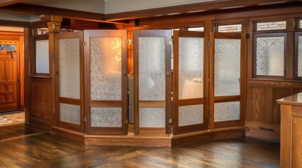 handcrafted wooden Craftsman-style room divider with frosted glass panels, offering privacy while allowing light to filter through