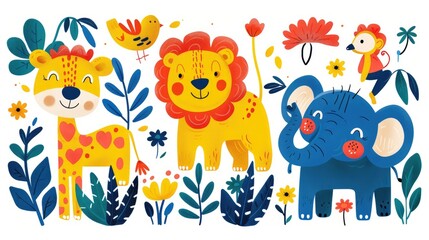 Naklejka premium Whimsical Jungle Animals in Doodle Style - Vibrant and Adorable Hand-Drawn Illustrations of Lions, Elephants, and Monkeys with Simple Lines and Bright Colors, Generative Ai
