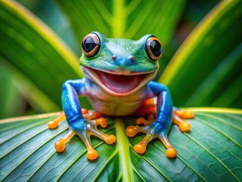 A tiny tree frog with vibrant green and blue skin spreads its legs, showcasing webbed feet, as if laughing joyfully, amidst lush green foliage surroundings.