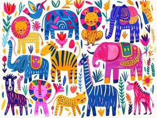 Enchanting Savanna Animals Doodle - Colorful Hand-Drawn Lions, Zebras, and Elephants with Vibrant Charm, Generative Ai