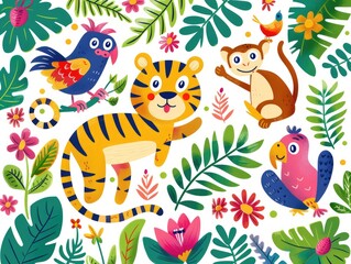 Fototapeta premium Playful Jungle Critters Doodle Art - Vibrant Hand-drawn Animals: Tigers, Monkeys, Parrots in a Whimsical Style for Kids' Designs, Generative Ai