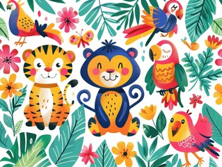 Fototapeta premium Playful Doodle Jungle Critters: Colorful Hand-drawn Tigers, Monkeys, and Parrots in Whimsical Style, Generative Ai