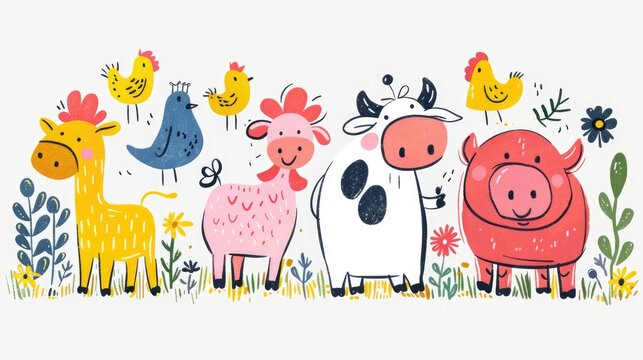 cute farm animals in colorful cartoon style clip art preview