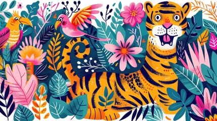 Fototapeta premium Whimsical Jungle Animals Doodle: Vibrant and Playful Hand-drawn Tigers, Snakes, and Parrots in Simple Lines, Generative Ai