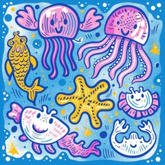 Playful Ocean Critters Doodle: Vibrant Hand-Drawn Jellyfish, Crabs, and Seahorses - Whimsical and Fun Marine Life Illustration, Generative Ai