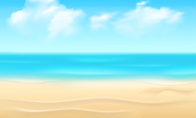 Realistic sand beach with blue water of sea