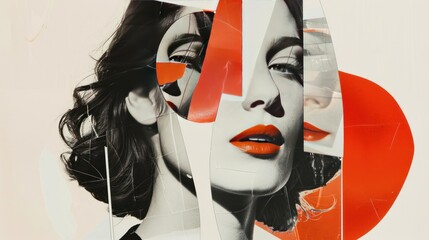 Abstract Collage of a Woman's Face with Red and White Shapes