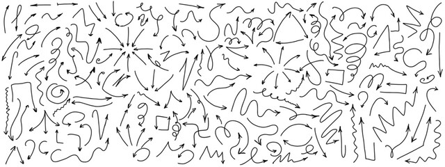 Arrows 2d line doodle vector icons set on white background. Different directions pointers hand drawn monochrome illustration collection