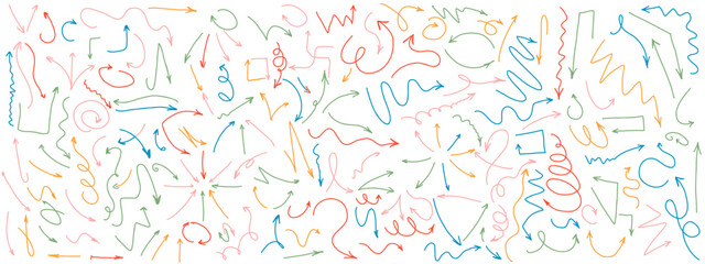 Funny arrows color doodle 2d line vector artwork bundle on white background. Navigation pointers isolated hand drawn illustration set