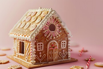 3D render of Gingerbread house decorated with pastel icing on a pastel pink background. very detailed