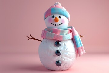 Fototapeta premium 3D render of Snowman with a pastel-colored scarf and hat on a pastel pink background. very detailed