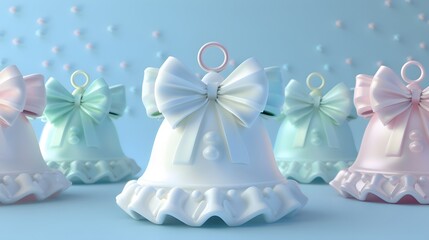 3D render of Christmas bells with pastel-colored bows on a pastel blue background. very detailed