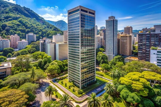 Modernist skyscraper with sleek lines and geometric shapes, surrounded by lush greenery, stands tall in downtown Rio de Janeiro's urban landscape on a sunny day.