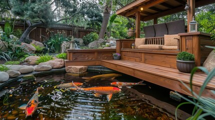 Obraz premium handcrafted wooden Craftsman-style koi pond surround, featuring a viewing platform and integrated seating, enhancing the enjoyment of a tranquil pond setting
