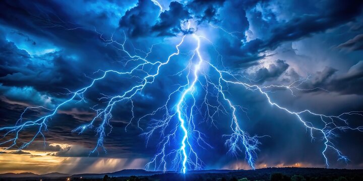 Vibrant electric blue lightning bolt illuminates dark stormy night sky, forked tendrils branching out in dramatic fashion, casting eerie glow on ominous cloud formations.