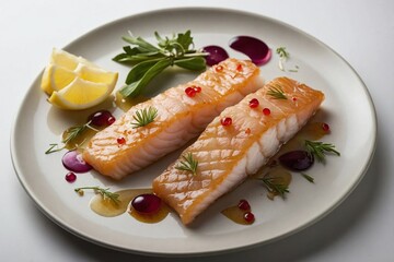 an image from above showing raw cod fillets on a plate, positioned elegantly with a touch of garnish