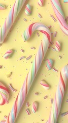 3D render of Candy canes in pastel colors on a pastel yellow background. very detailed