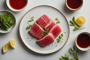 a top-down shot of a plate featuring raw tuna steaks