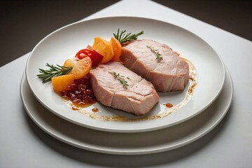 a top-down shot of a plate featuring raw turkey tenderloins, positioned elegantly with a touch of garnish