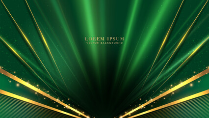 Luxury green background decoration with golden lines, glowing beams, and glitter light effects