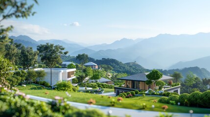 Layout of a mountain resort development with sustainable building practices and eco-friendly infrastructure, civil layout, sustainable tourism development
