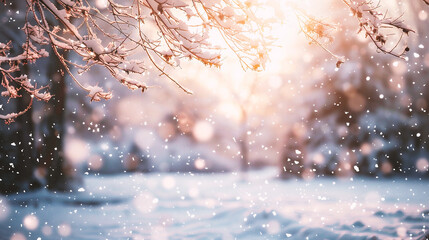 Winter landscape with snow covered trees and sunbeams. Christmas background
