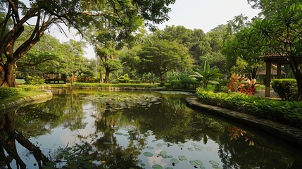 Tranquil Tropical Garden with Lush Greenery and Serene Pond Reflecting Trees and Plants