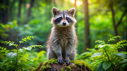 Adorable raccoon stands upright on two legs, showcasing its curious nature, in a lush green forest, with vibrant foliage and soft natural lighting surrounding it.