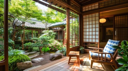 Fototapeta premium Traditional Japanese house interior with wooden walls and shoji screens.
