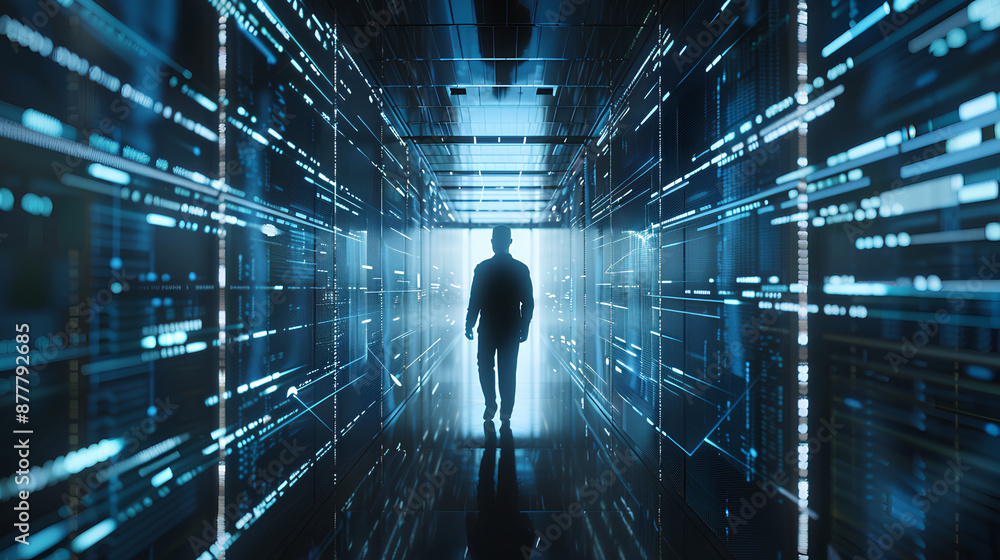 Poster businessman with virtual cyber security technology and online data protection for security of data s