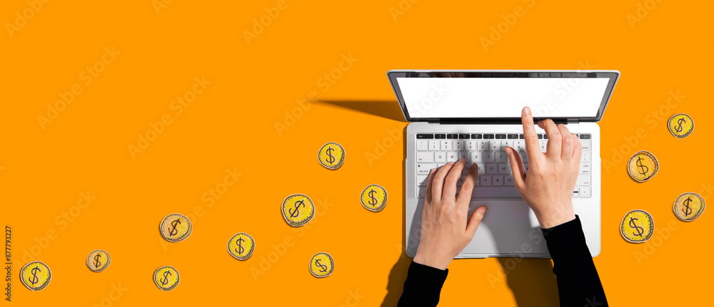 Aufkleber person using a laptop computer with hand drawn coins
