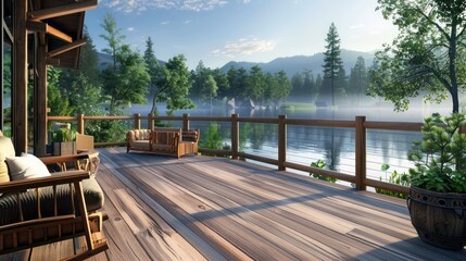 Obraz premium wooden Craftsman-style deck overlooking a serene lake, complete with handcrafted railings and a cozy seating area