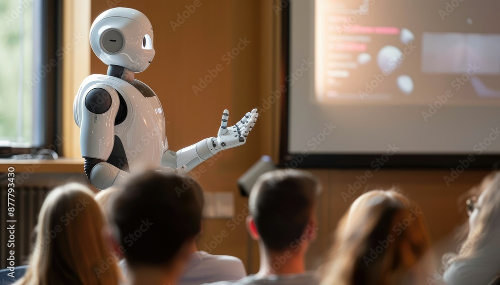 Aufkleber students learning about robotics and ai technology in a modern classroom with a holographic display.