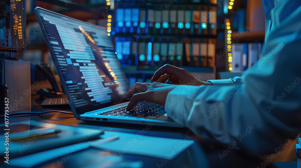 Poster document management system (dms) technology, businessman use laptop with database folder online to s