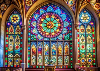 Fototapeta premium Vibrant multi-colored stained glass window with intricate geometric patterns and holy symbols adorn the walls of a serene and historic church interior.