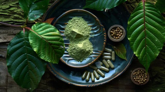 A still life arrangement featuring Kratom powder, fresh green leaves, and capsules. Alternative medicinal use of Kratom, a tropical tree, often used in traditional medicine.