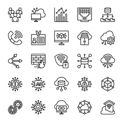 Cloud Computing Network Icons Set. Line Vector Icons. Contains Icon such as Statistics, Artificial Intelligence, Big Data, Cloud Computing, Firewall, Identity, Ethernet, Queue, Container.
