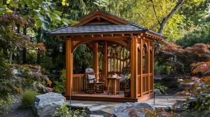Naklejka premium wooden Craftsman-style garden kiosk, offering a quaint spot for reading, enjoying tea, or observing nature
