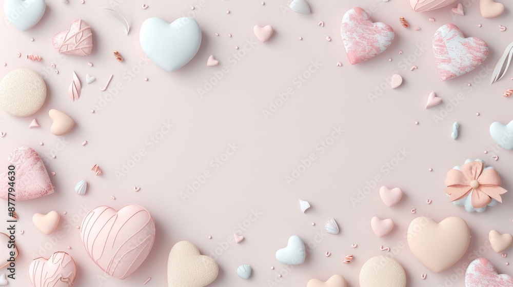 Poster love-themed 3d doodle illustration with heart shapes and abstract designs in soft hues. fresh solid 