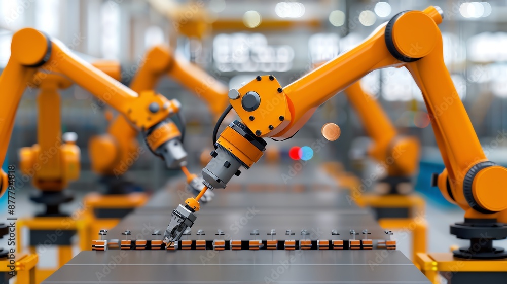 Poster comprehensive plan for a network of mechanical arms performing synchronized tasks in a factory, mech