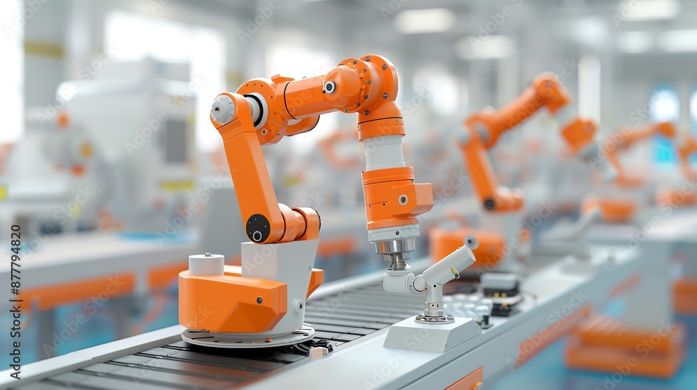 Aufkleber comprehensive plan for a network of mechanical arms performing synchronized tasks in a factory, mech