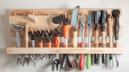 wooden Craftsman-style garden tool organizer, featuring slots and hooks for hanging garden tools, keeping them accessible and orderly