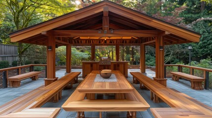wooden Craftsman-style garden pavilion, featuring a center table and surrounded by benches, ideal for gatherings and family events