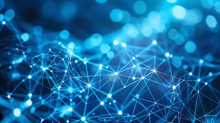 An intricate design of blue network connections with dots and lines on a gradient background