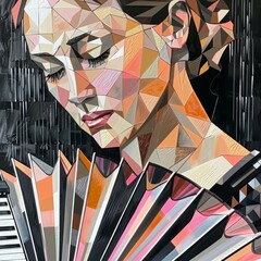 Naklejka premium A woman with geometric features plays an accordion, her eyes closed as if lost in the music