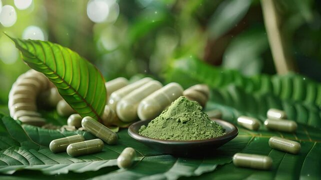 A still life arrangement featuring Kratom powder, fresh green leaves, and capsules. Alternative medicinal use of Kratom, a tropical tree, often used in traditional medicine.