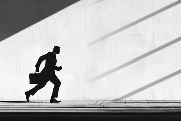 Silhouette of a businessman running with a briefcase against a white wall, illuminated by dramatic shadows and light streaks.